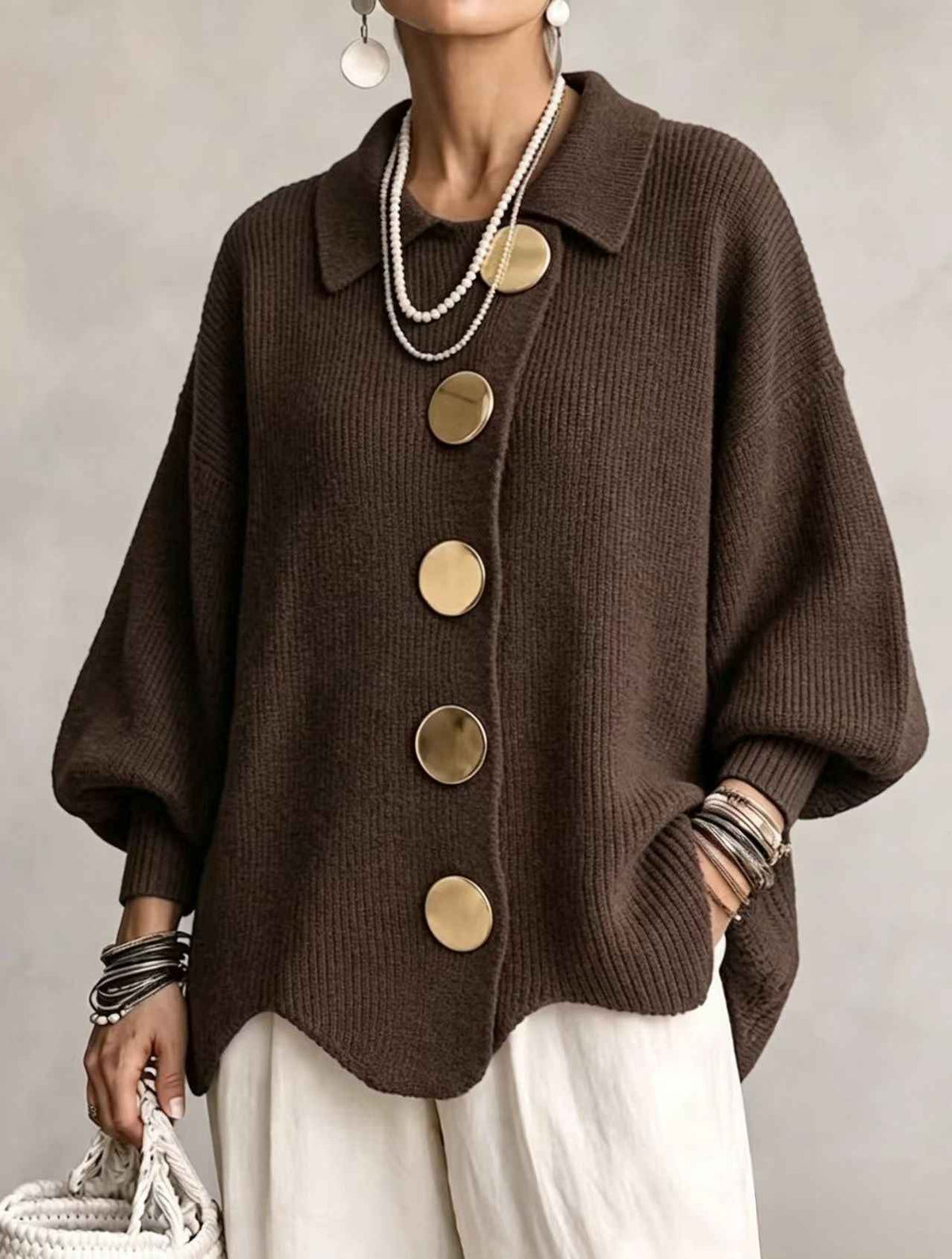 Gilet en maille boutonné pour femme – Pull automne-hiver ample à manches longues et col à revers