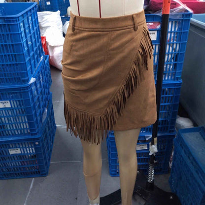 Jupe courte rétro style western en daim pour femme - Jupe moulante à franges