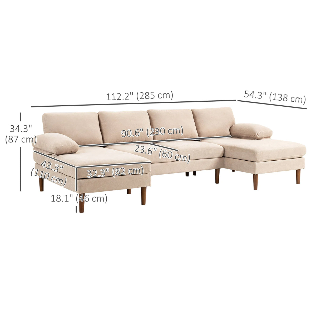 Beige U-Shaped Sectional Sofa – 4-Seater Fabric Couch with Double Chaise Lounge & Wooden Legs (United States & Canada Delivery Only)