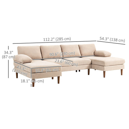 Beige U-Shaped Sectional Sofa – 4-Seater Fabric Couch with Double Chaise Lounge & Wooden Legs (United States & Canada Delivery Only)