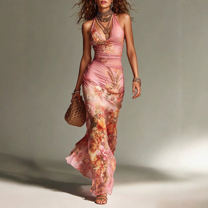 Robe longue dos nu à fleurs pour femme – Robe d'été sexy à lacets pour les vacances