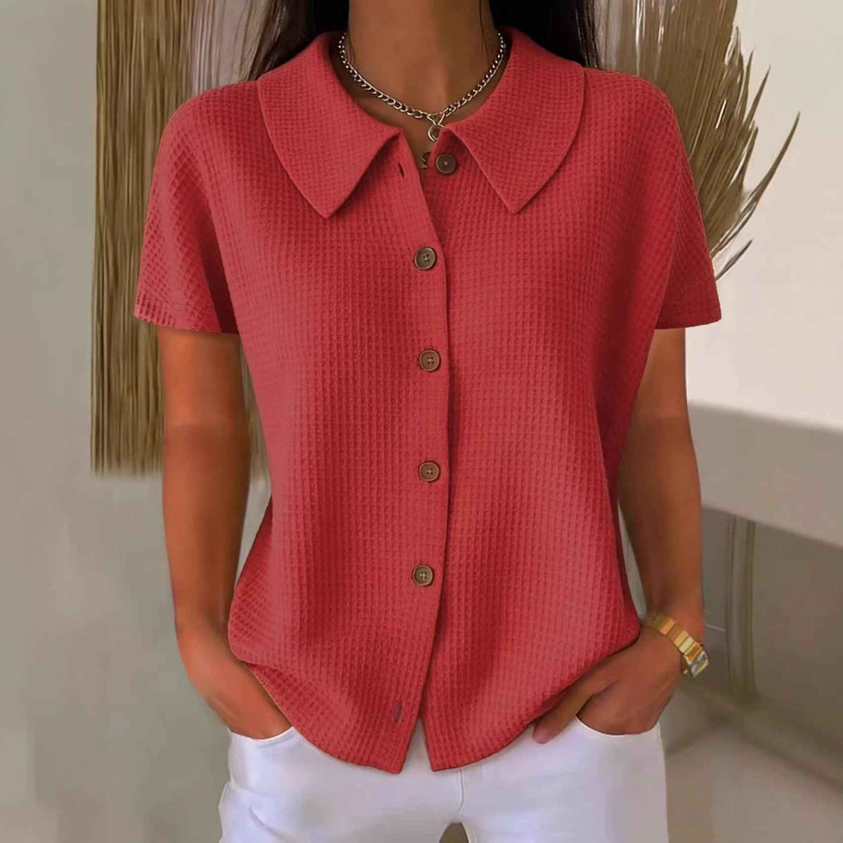 Turn-Down Collar Waffle Weave Solid Color Casual Loose Fit Short Sleeve Shirt - Women's Cotton Blend Lightweight Summer Top For Daily Wear
