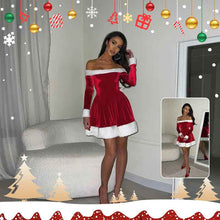 Robe de costume de Père Noël pour femme – Robe de fête de Noël à épaules dénudées avec bordure en peluche