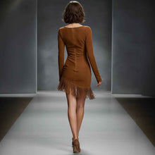 Robe midi à franges en suédine pour femme - Robe patchwork à manches longues