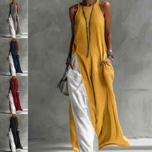 Robe longue à bretelles pour femmes, type gilet trapèze, couleur contrastée, robe de plage d'été, décontractée, ample, col licou, poches latérales, fente, longues robes