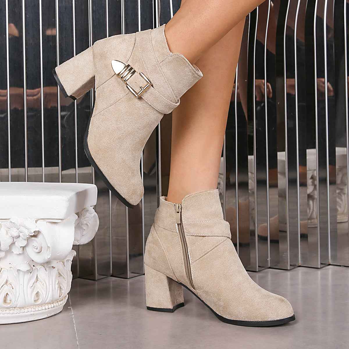 Bottines de combat à talons épais pour femmes – Bottines tendance automne et hiver, couleur unie, grandes tailles