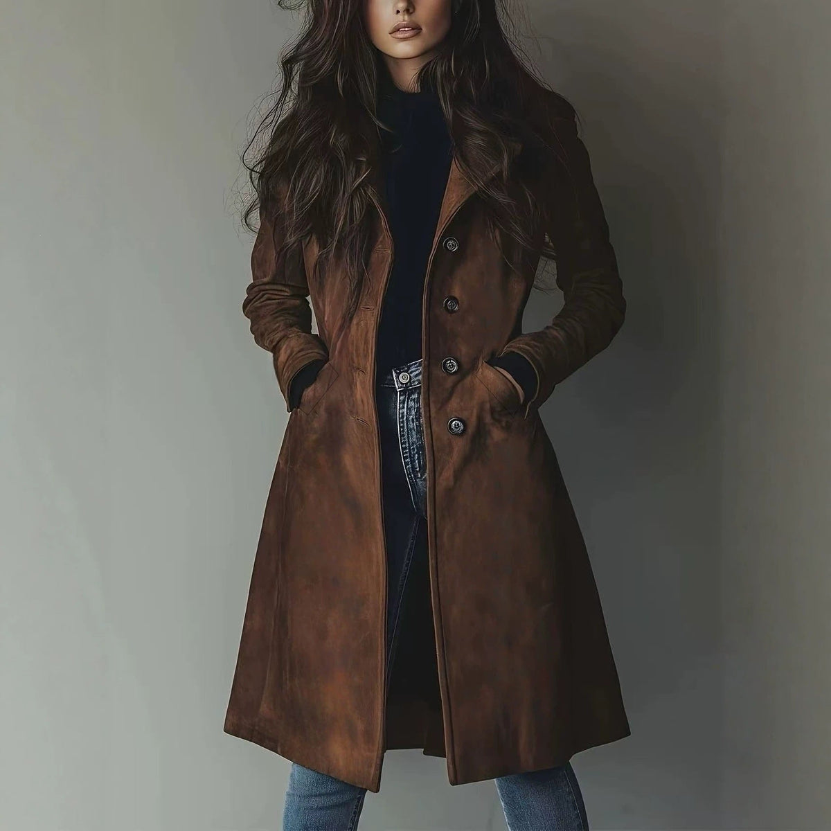Trench-coat à revers en daim pour femme – Veste mi-longue ceinturée pour l'automne et l'hiver
