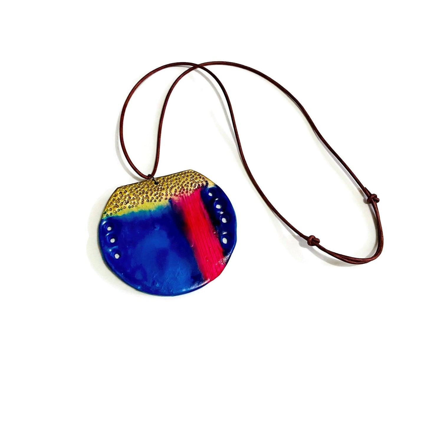 Collier Pendentif Cercle Abstraite | Argile Polymère Bleue, Rose et Dorée