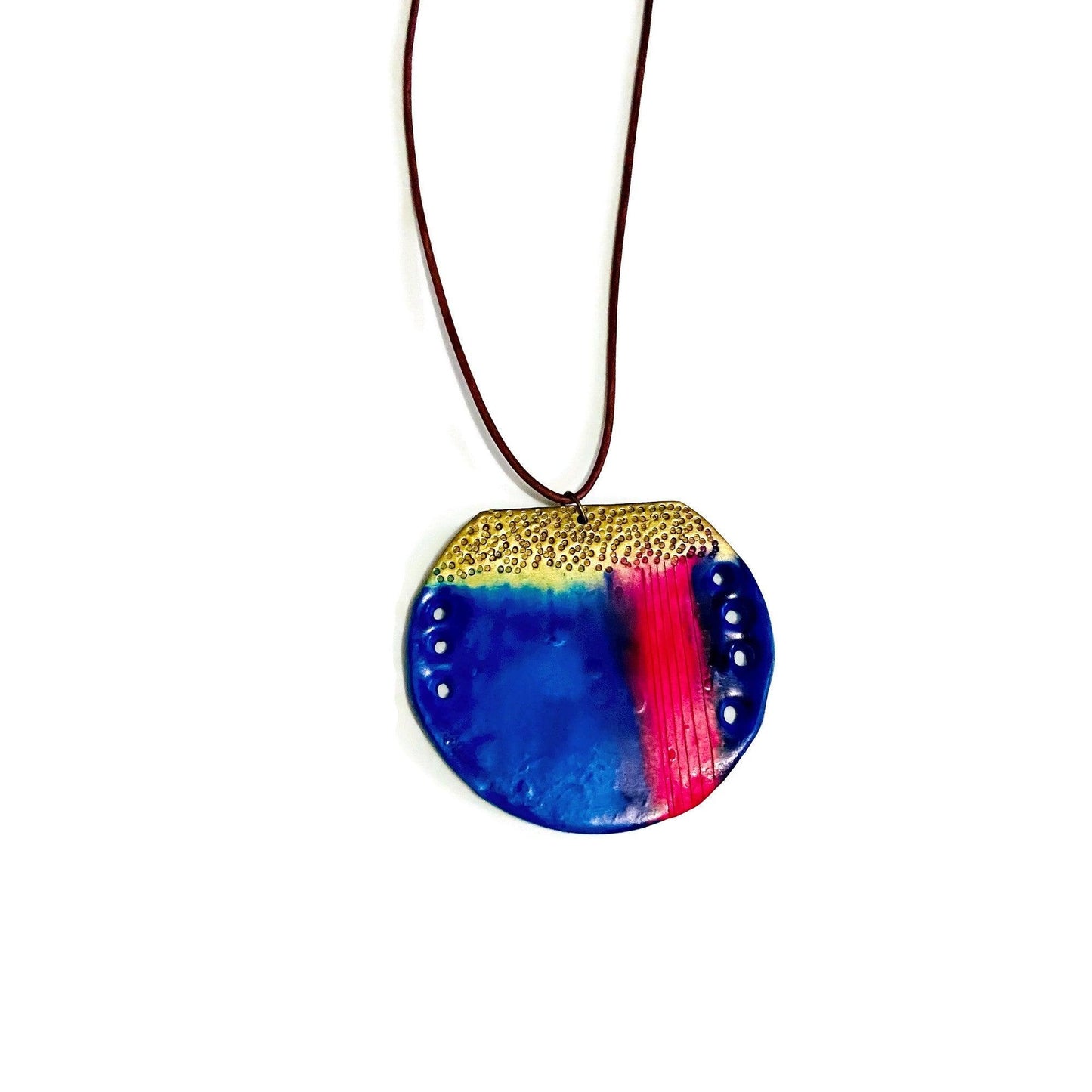 Collier Pendentif Cercle Abstraite | Argile Polymère Bleue, Rose et Dorée