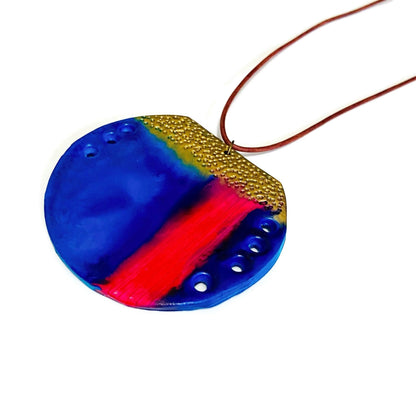 Collier Pendentif Cercle Abstraite | Argile Polymère Bleue, Rose et Dorée