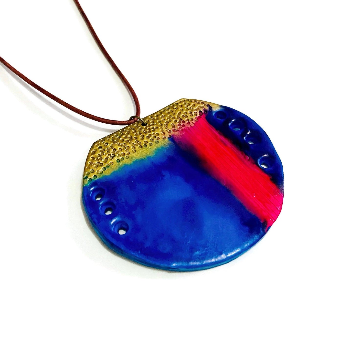 Collier Pendentif Cercle Abstraite | Argile Polymère Bleue, Rose et Dorée