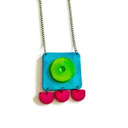 Parure collier et boucles d'oreilles abstraits néon, en pâte polymère faite à la main