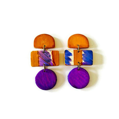 Boucles d'oreilles abstraites orange violet blanc