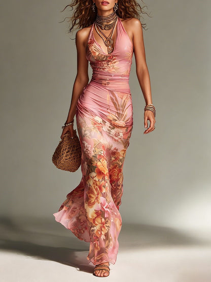 Robe longue dos nu à fleurs pour femme – Robe d'été sexy à lacets pour les vacances