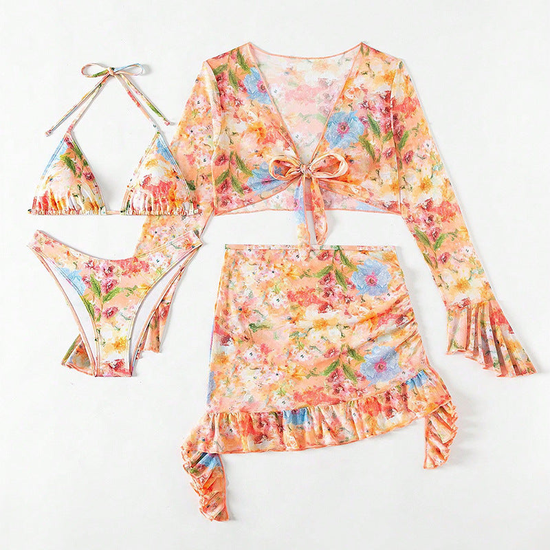 Nouvel ensemble bikini quatre pièces, robe de plage élégante, style européen et américain