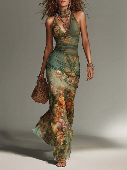Robe longue dos nu à fleurs pour femme – Robe d'été sexy à lacets pour les vacances