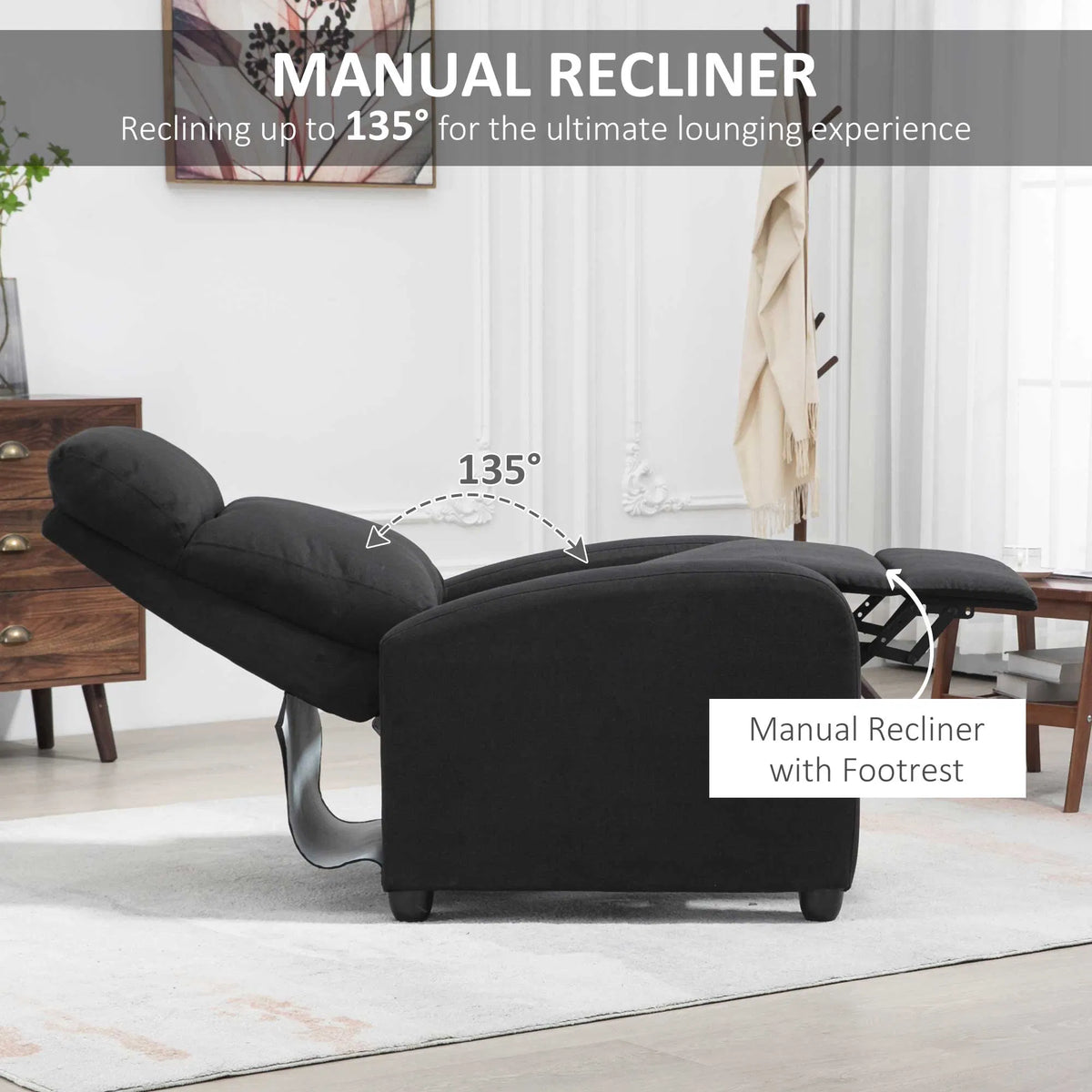 Black Fabric Recliner Chair – Manual Home Theater & Living Room Reclining Sofa (United States & Canada Delivery Only)