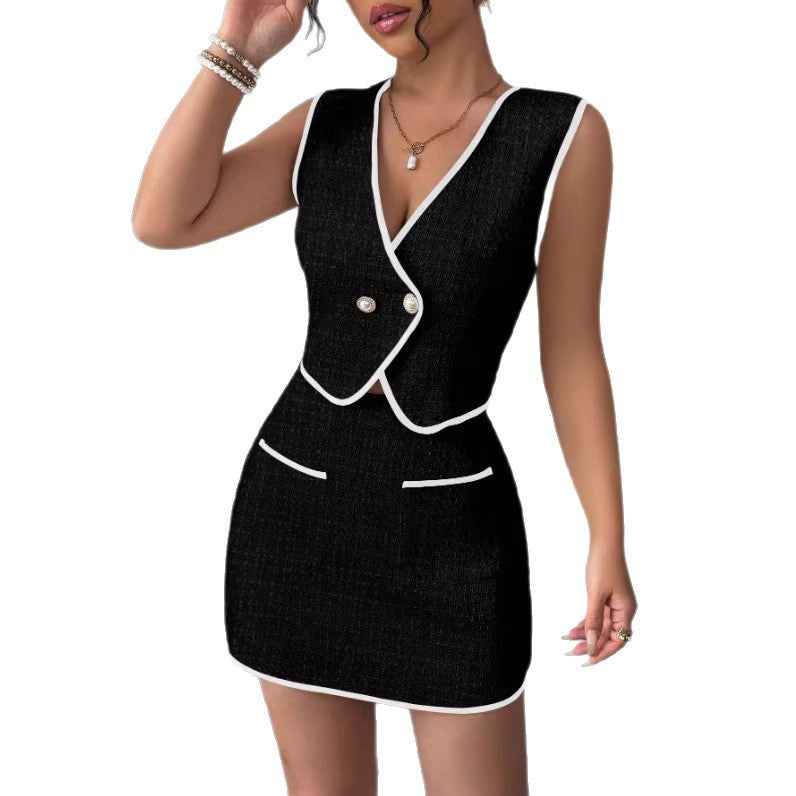 Ensemble haut sans manches irrégulier et jupe trapèze color-block pour femme – Tenue décontractée deux pièces