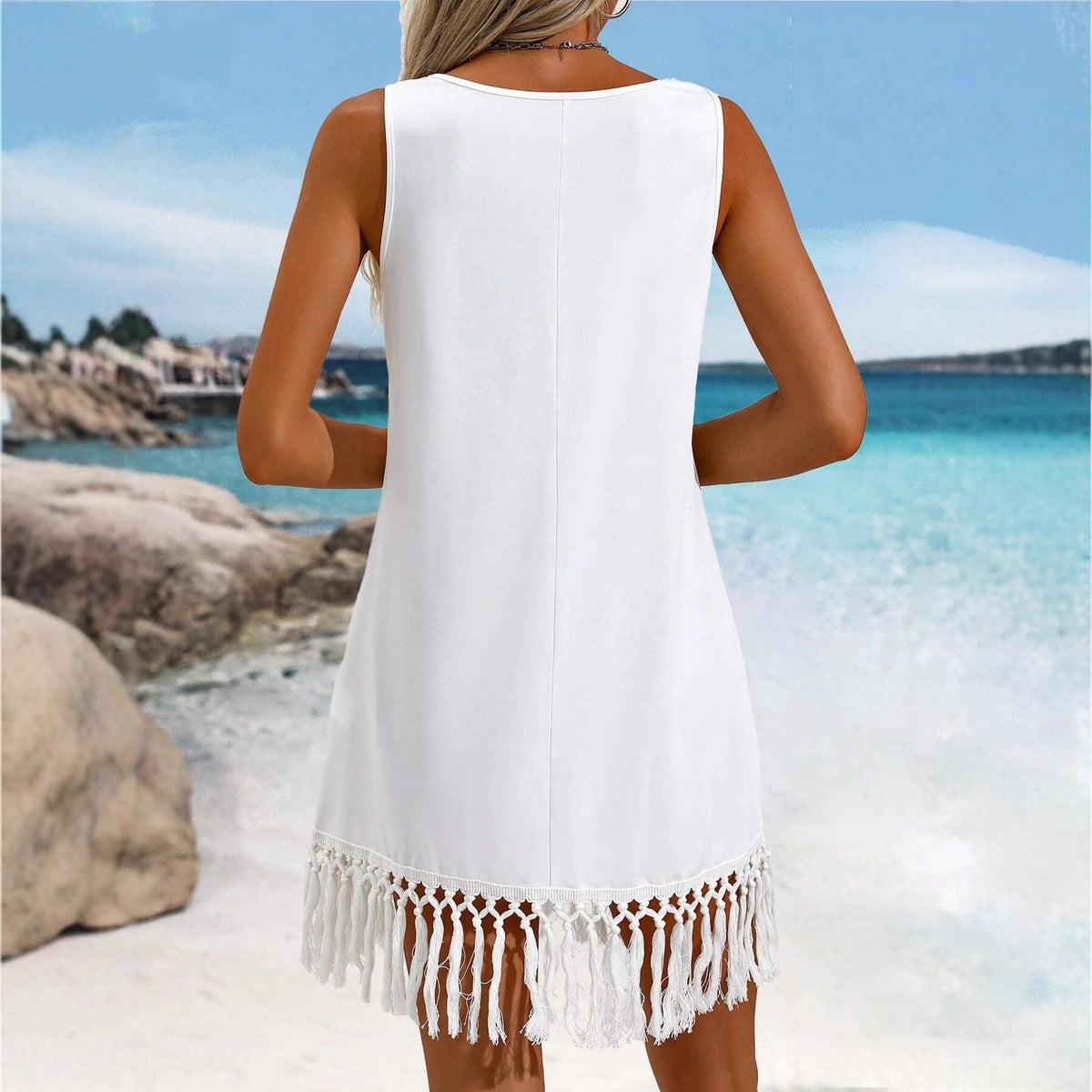Robe mi-longue asymétrique sans manches à pompons, style européen et américain, pour femme, couleur unie