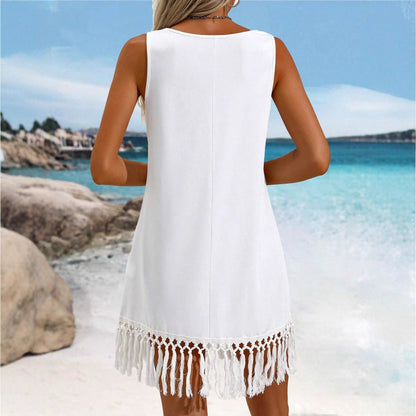 Robe mi-longue asymétrique sans manches à pompons, style européen et américain, pour femme, couleur unie