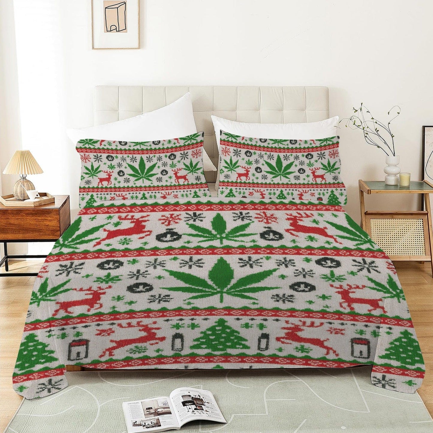 Parure de lit 4 pièces de Noël OG avec drap-housse uni (Queen 175x210cm)