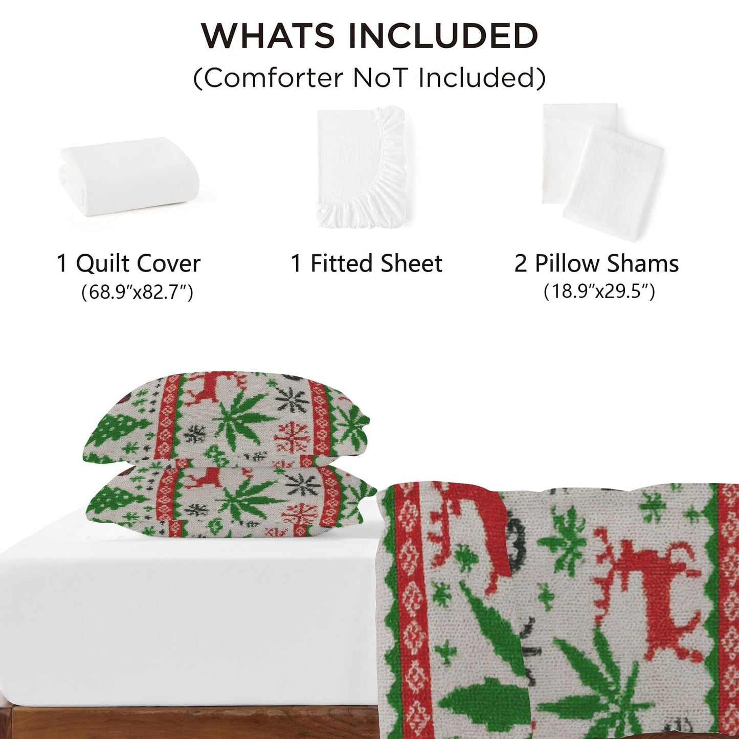 Parure de lit 4 pièces de Noël OG avec drap-housse uni (Queen 175x210cm)