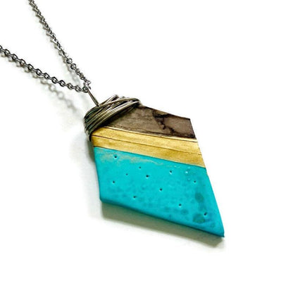 Pendentif en pâte polymère artistique peint turquoise, doré, gris,