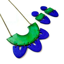 Artsy Statement Bib Necklace & Earring Set Handmade from Clay Painted Blue Green