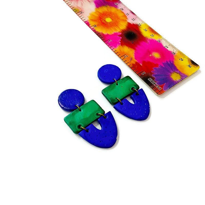 Parure collier plastron et boucles d'oreilles « Artsy » faite à la main en argile peinte bleu vert