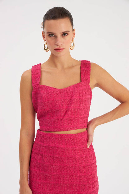 Chemisier court en tweed à bretelles - Fuchsia
