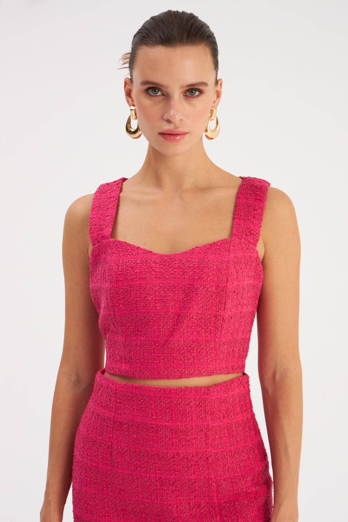 Chemisier court en tweed à bretelles - Fuchsia
