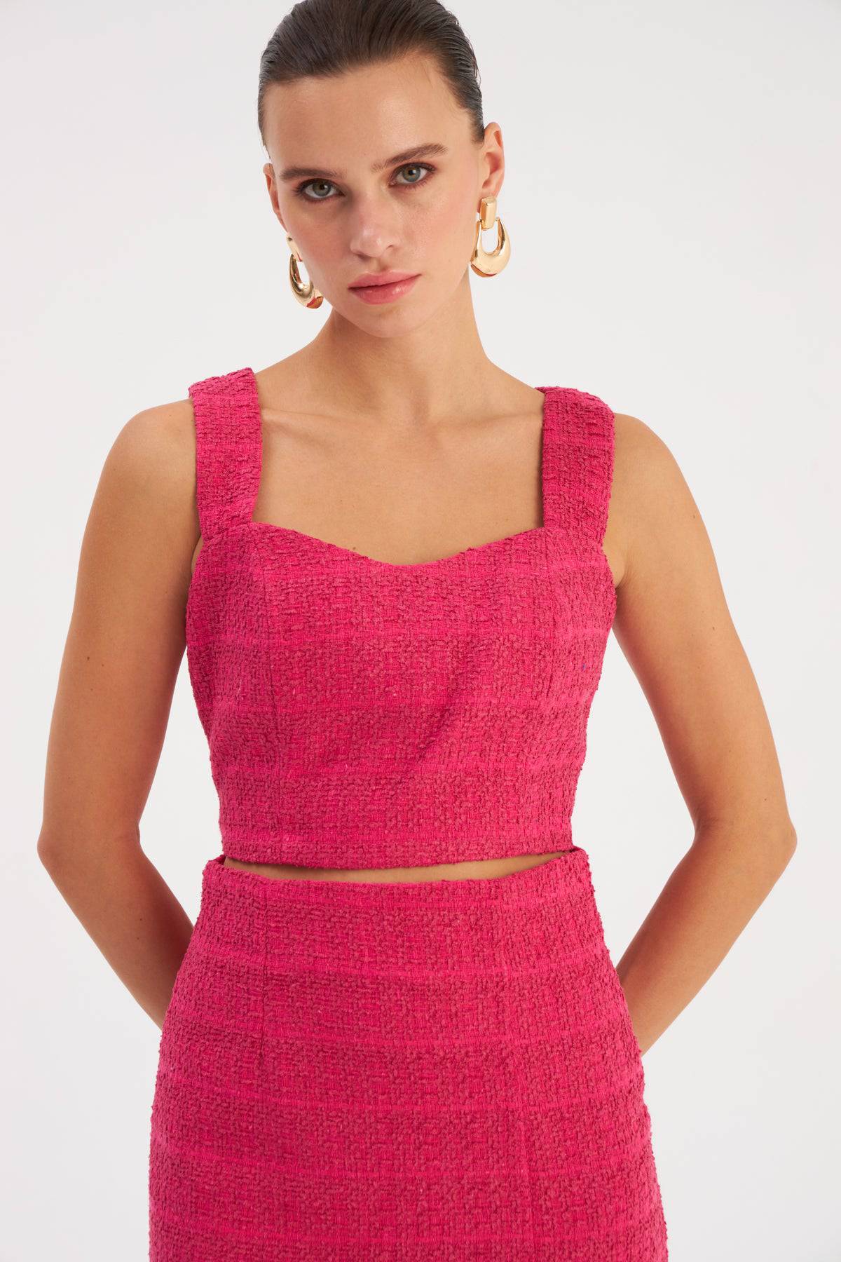 Chemisier court en tweed à bretelles - Fuchsia