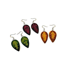Autumn Leaf Earrings, Mismatched Mix and Match Dangles Mustard Maroon Green