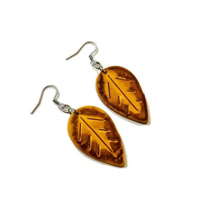 Boucles d'oreilles Feuilles d'automne, dépareillées, couleurs moutarde, marron, vert