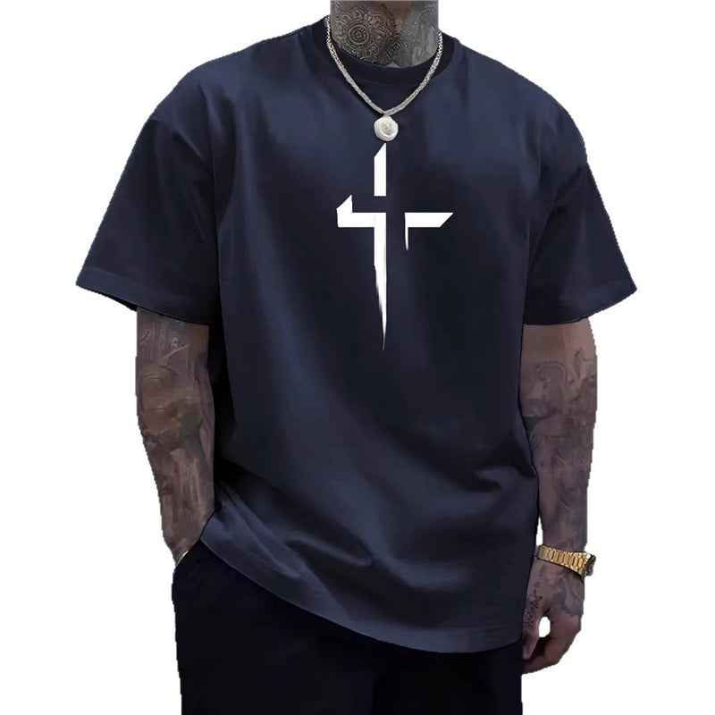 Haut décontracté à manches courtes pour homme, style streetwear, coupe ample, imprimé croix, design créatif