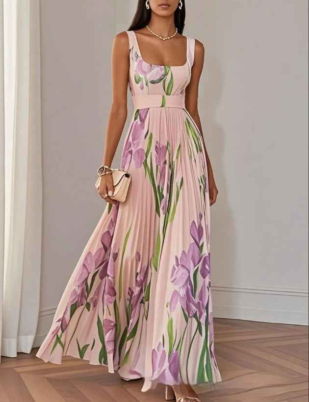 Floral Print Pleated Dress Summer A-Line Sleeveless Midi Dresses Women's Clothing