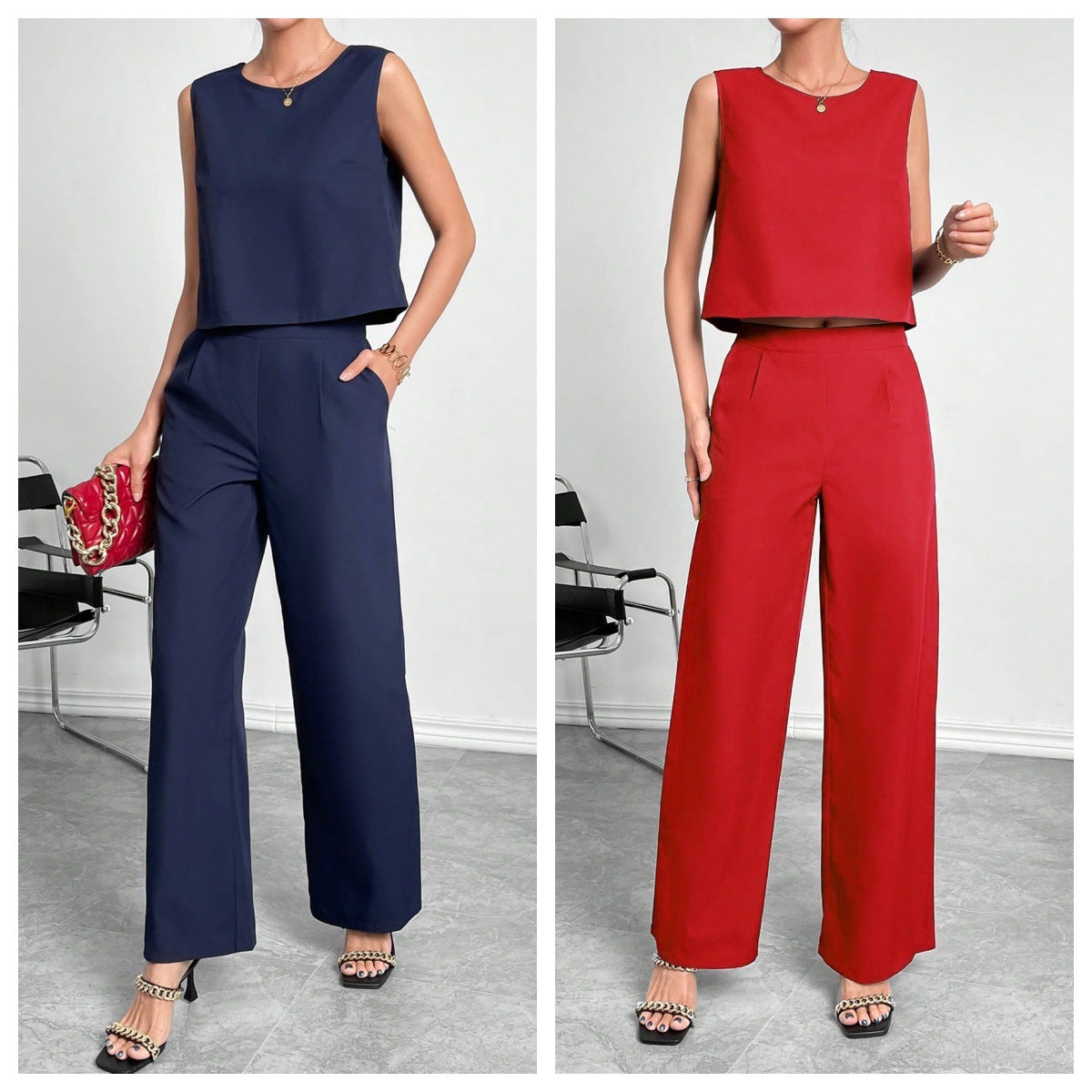 Ensemble deux pièces pour femme : haut court sans manches à col rond et pantalon large – Tenue décontractée unie pour le bureau