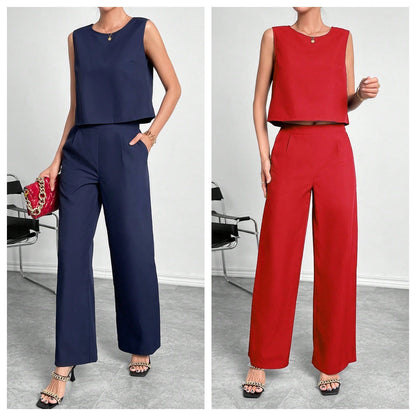 Ensemble deux pièces pour femme : haut court sans manches à col rond et pantalon large – Tenue décontractée unie pour le bureau