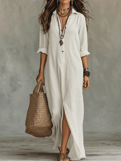 Robe longue à manches longues, décontractée, de couleur unie, col revers, fente latérale, robes de plage, vêtements pour femmes