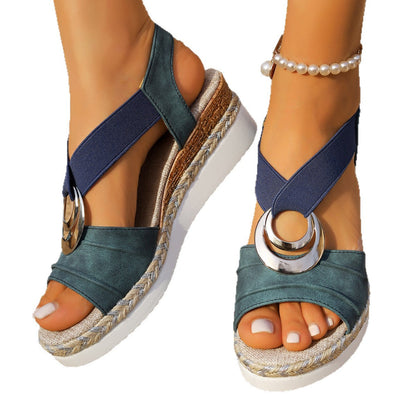 Sandales compensées à bout ouvert avec fond léger en corde de chanvre décorative à boucle métallique pour femmes fortes