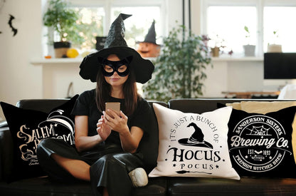 Set of 4 Halloween Pillow Covers 18 × 18 in – Hocus Pocus Black & White Fall Decor (Canada Delivery Only)