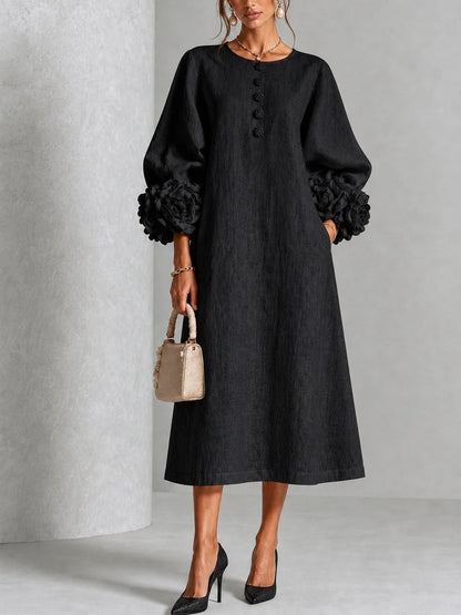 Robe trapèze à fleurs 3D pour femme – Robe de soirée et de mariage style français à manches bouffantes