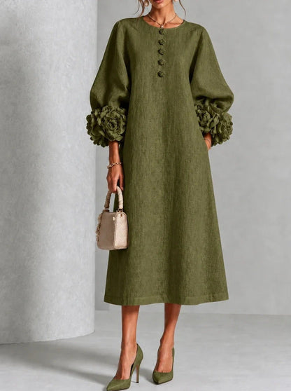 Robe trapèze à fleurs 3D pour femme – Robe de soirée et de mariage style français à manches bouffantes