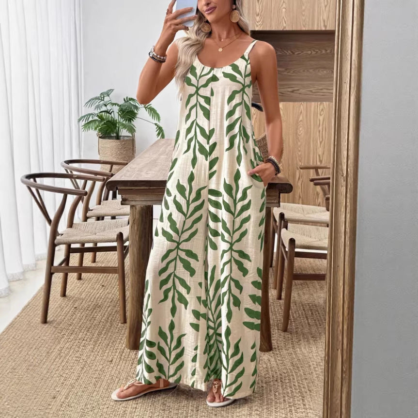 Combinaison pantalon décontractée et élégante à col en V pour femme avec imprimé feuilles tropicales et poches