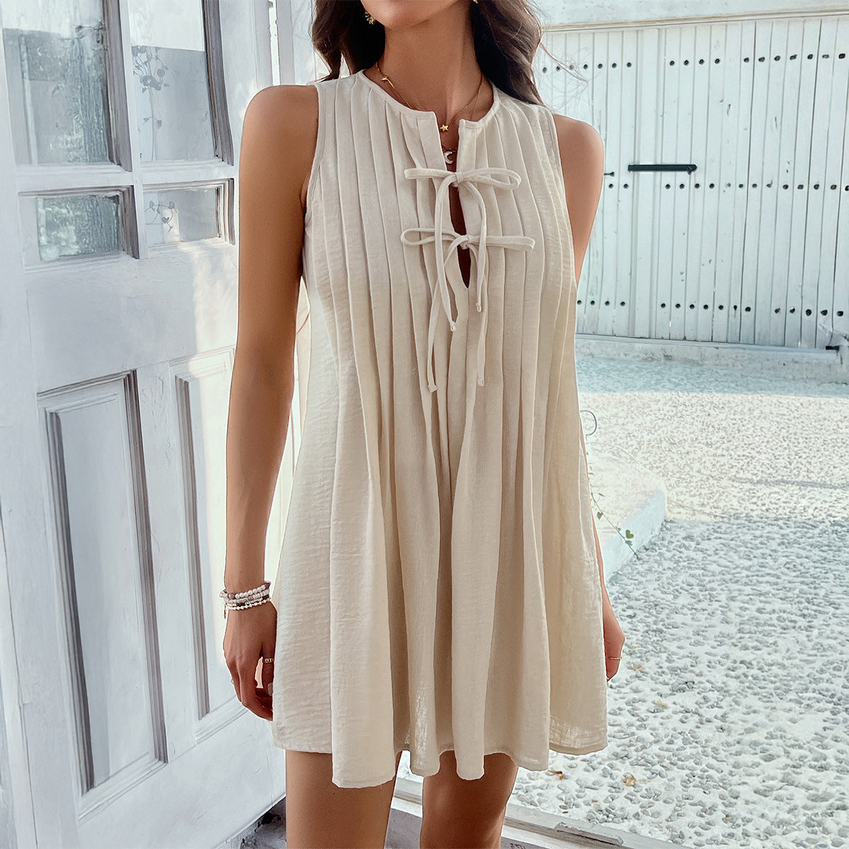 Robe courte plissée à lacets de couleur unie pour femme – Robe d'été décontractée sans manches pour soirée