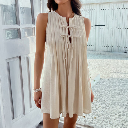 Robe courte plissée à lacets de couleur unie pour femme – Robe d'été décontractée sans manches pour soirée