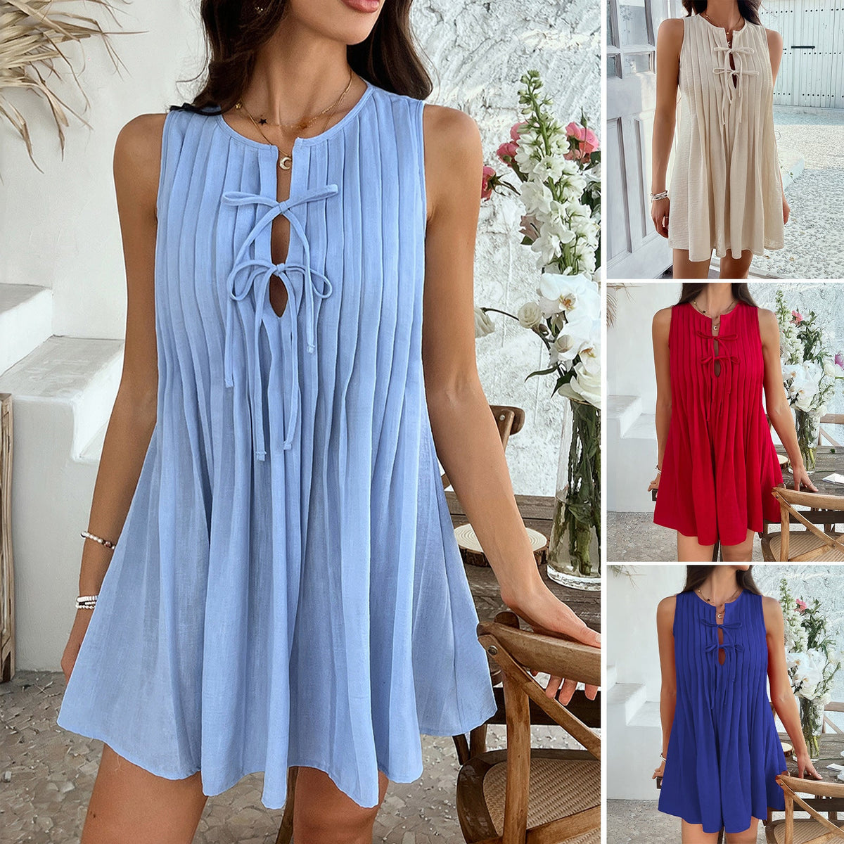 Robe courte plissée à lacets de couleur unie pour femme – Robe d'été décontractée sans manches pour soirée
