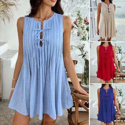 Robe courte plissée à lacets de couleur unie pour femme – Robe d'été décontractée sans manches pour soirée