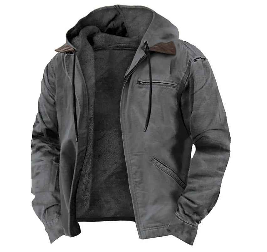 Winter Hooded Coat With Pockets Fashion Warm Fleece Zip-up Jacket Casual Outwear Men's Clothing