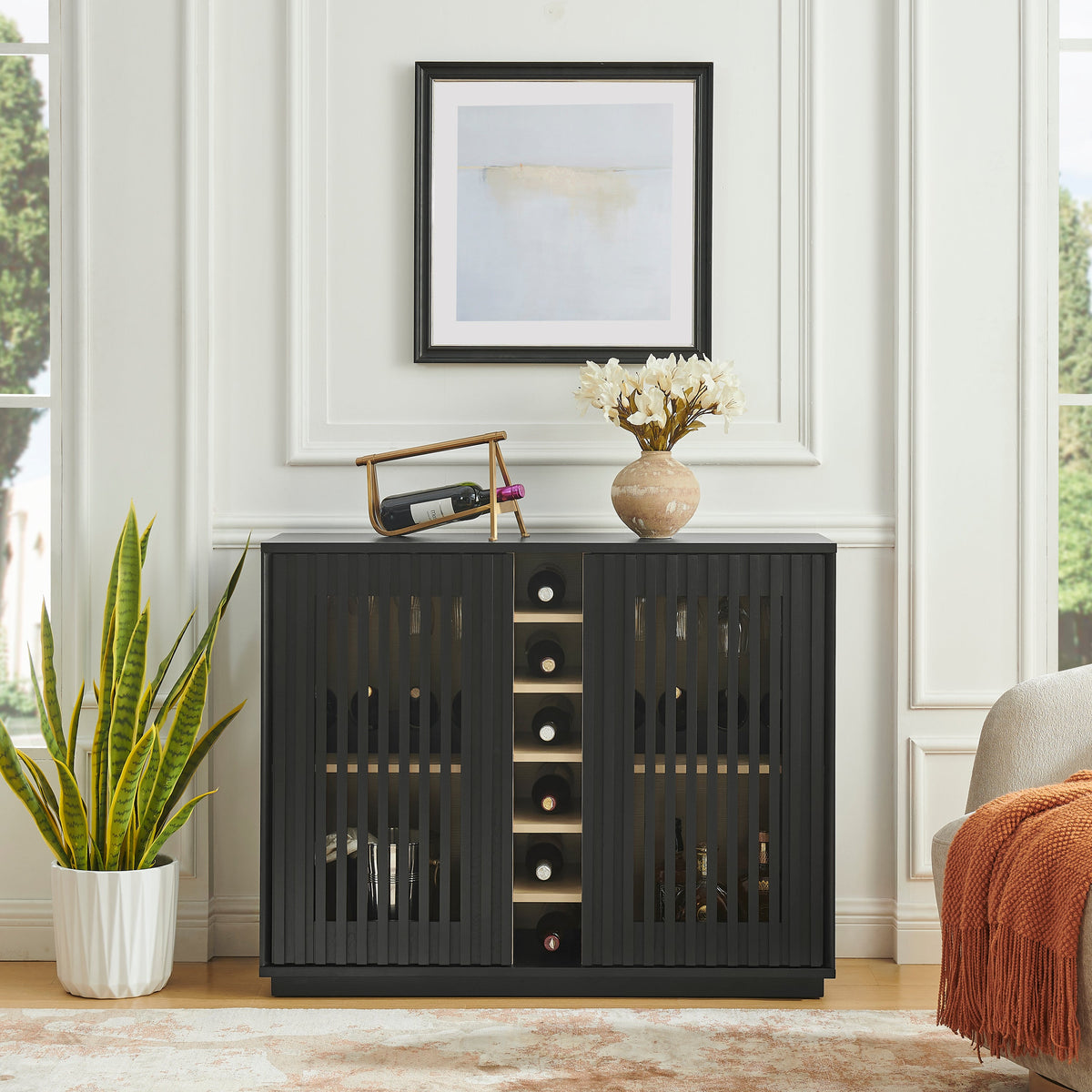 Mid Century Modern Fluted Hollowed Out Liquor Cabinet, Buffet Cabinet With Wine Glass Holder & Wine Rack, Storage Cabinet For Living Room, Entryway, Hallway, Dining Room, Kitchen (United States Delivery Only)